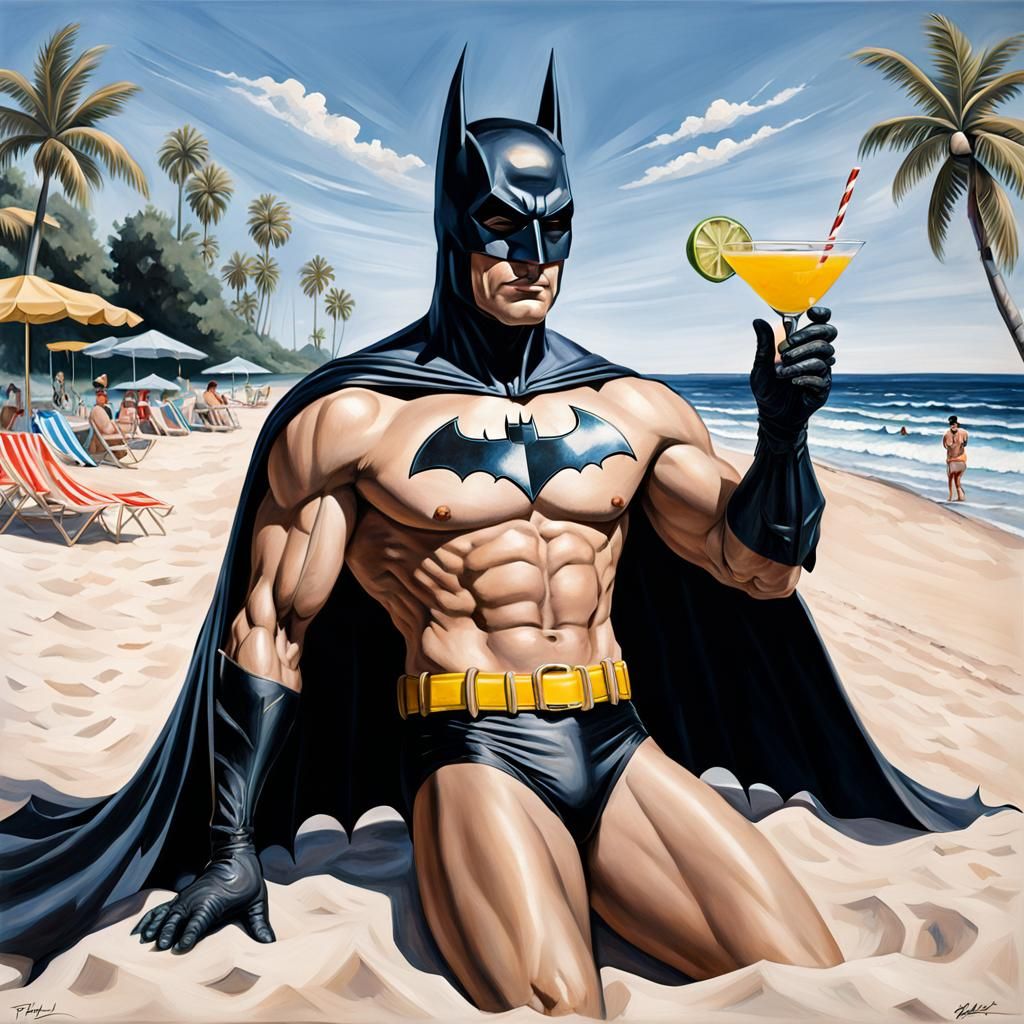 Batman Tanning on the Beach in Tom of Finland Style