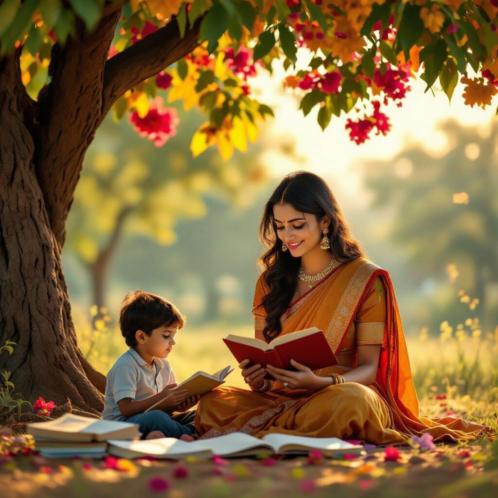 Woman and Child Reading Under Colorful Tree, 4K Realistic Ph...