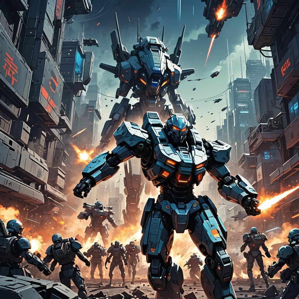 Futuristic War Scene in Anime Manga Style