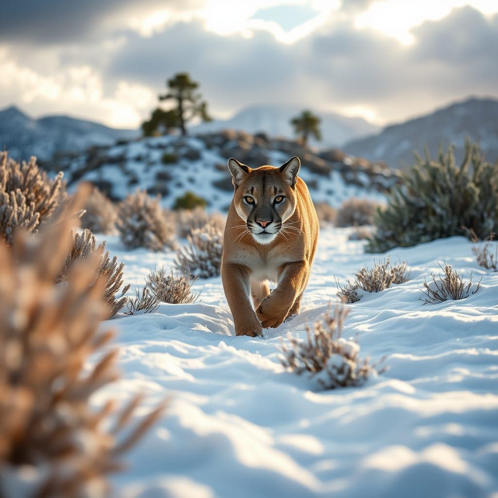 Epic Cinematic Landscape of a Majestic Cougar in Snowy Wilde...