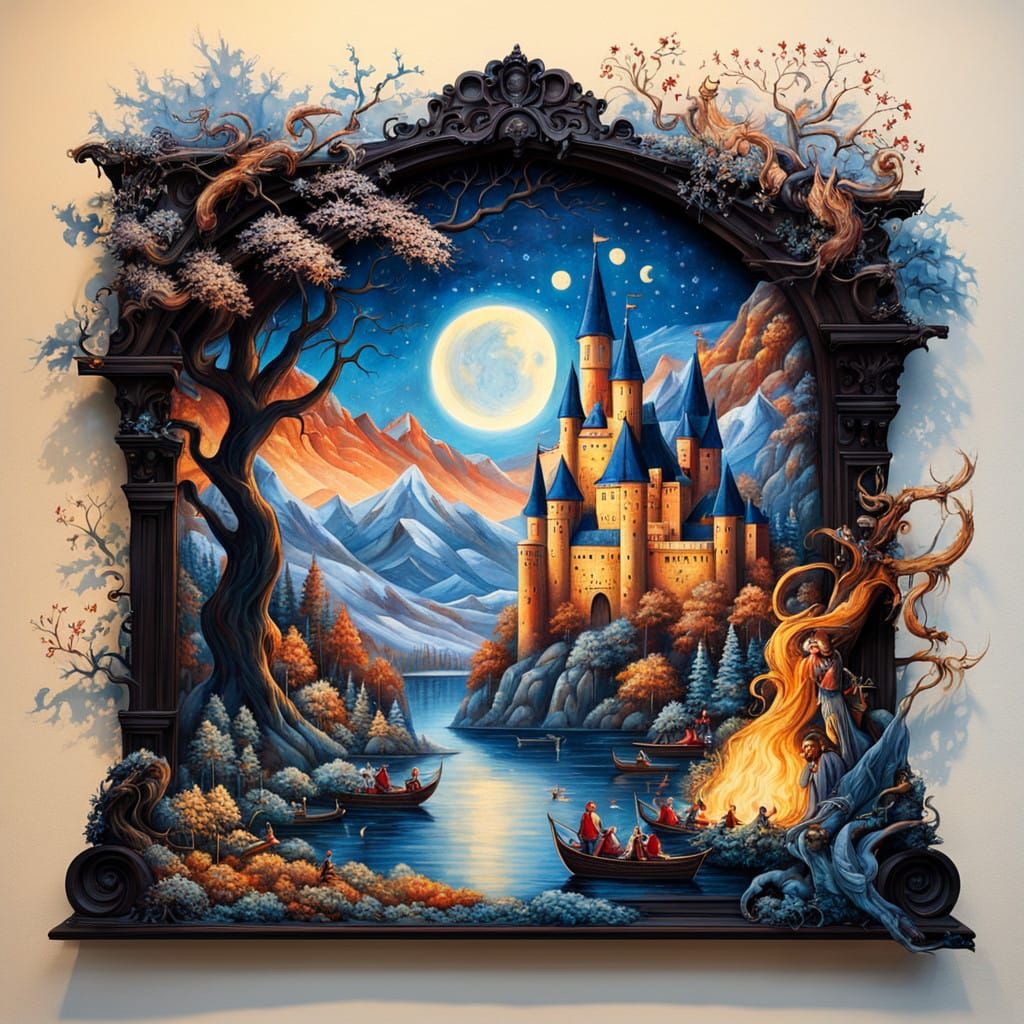 Whimsical Medieval Winter Castle Dreamscape in Titian Style