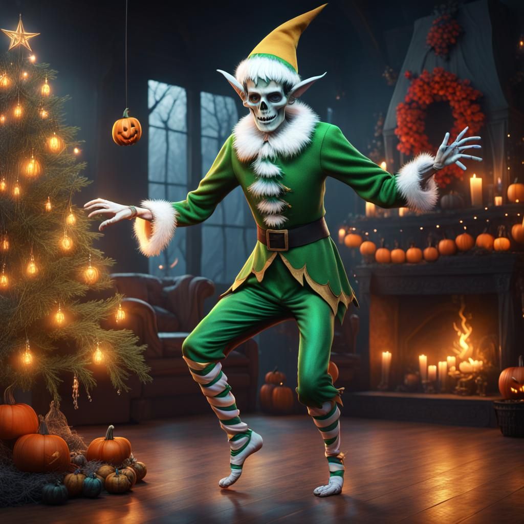 Skeleton Elf Dance: Hyperrealistic Holiday Fusion