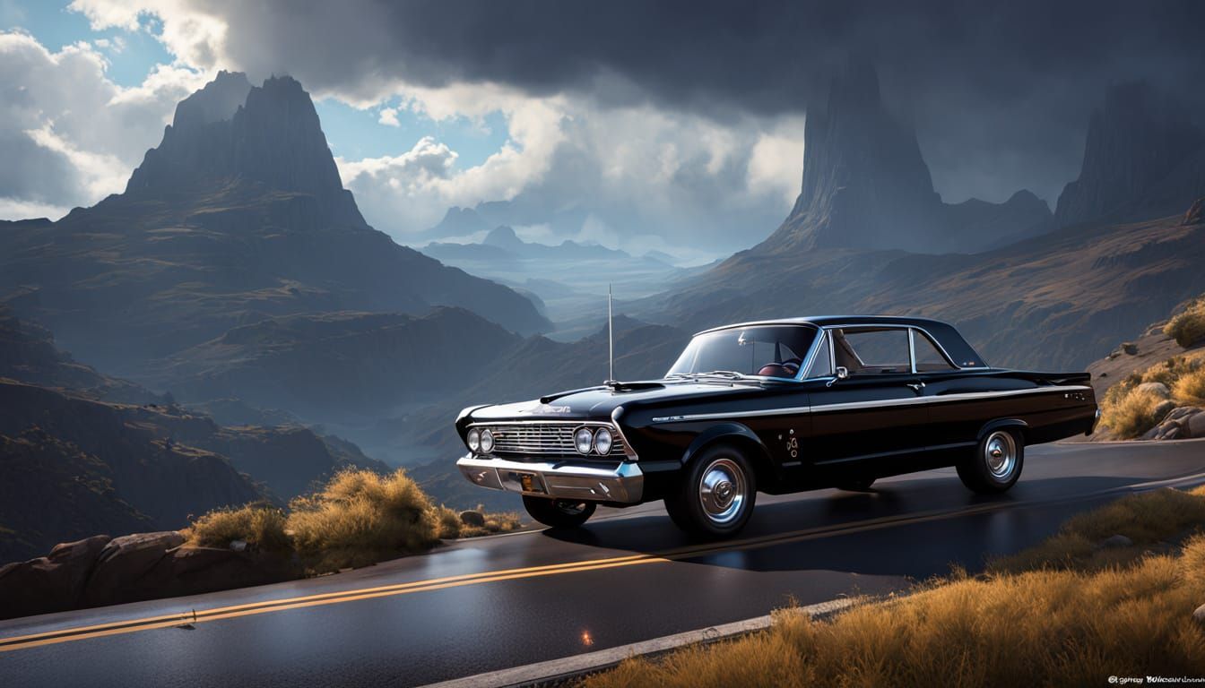 Dark Fantasy 1964 Ford Fairlane Thunderbolt on Mountain Road