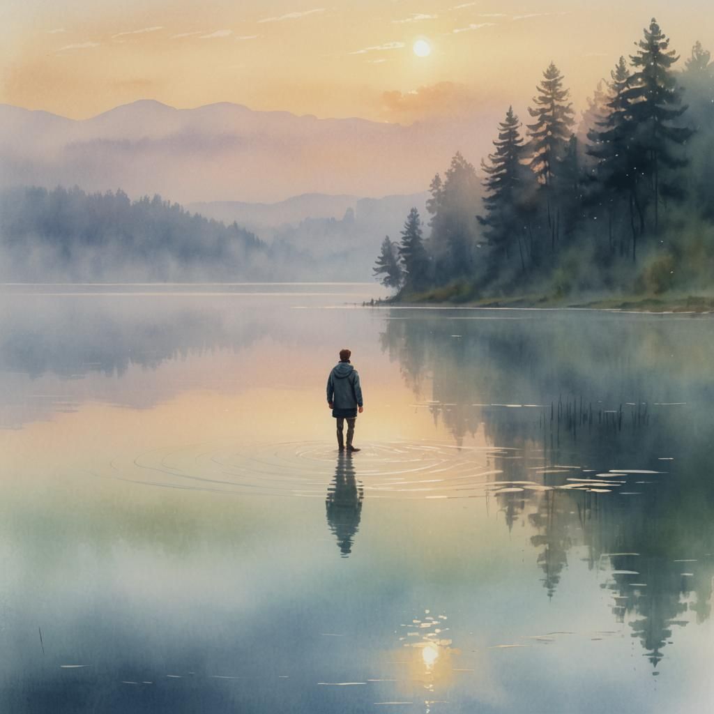 Serene Lake at Dawn: Soft Focus Digital Painting