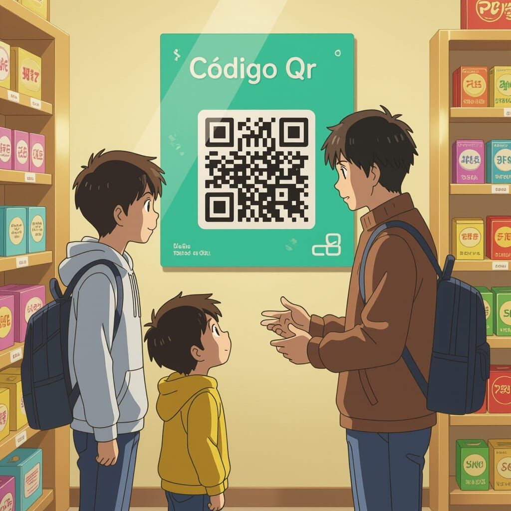 Father and Son Scan QR Code in Anime Store