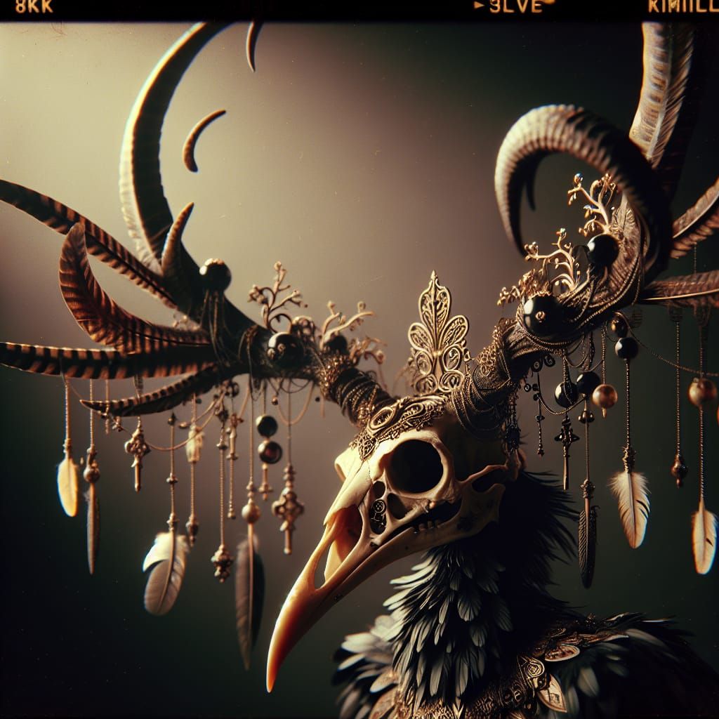 Ornate Macabre Bird Skull with Antlers