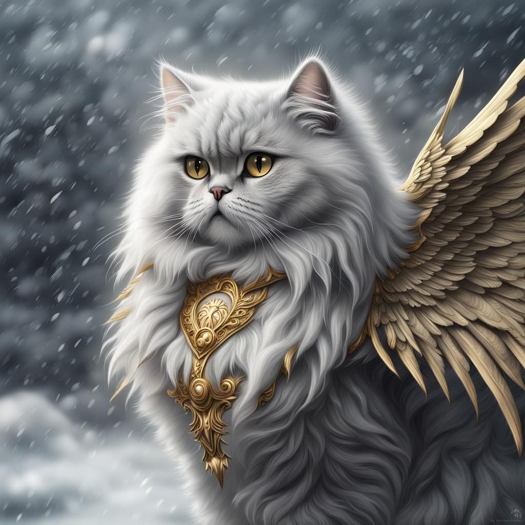 Winged Persian Cat in Blizzard: Digital Matte Painting
