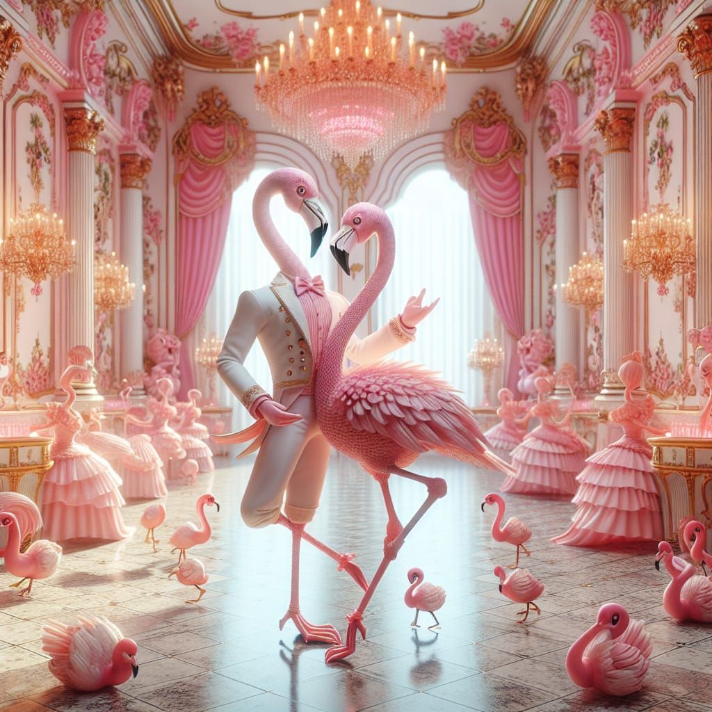 Flamingos Dancing in Vintage Fashion Doll Style