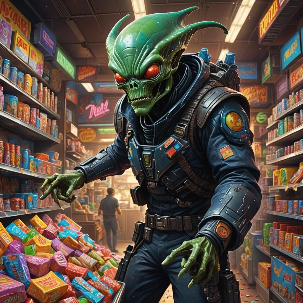 Alien Gunslinger Robs Candy Store: Digital Masterpiece
