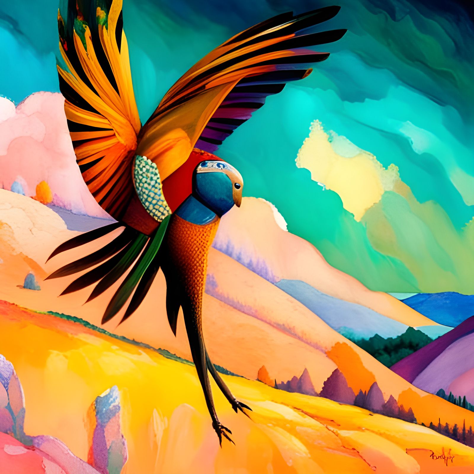 Winged Figure Flies Over Forest in Klimt Style