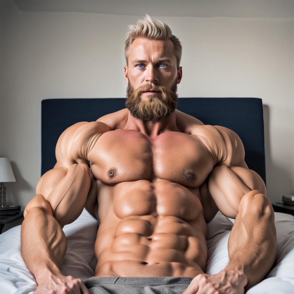 Massive Bodybuilder Flexing in Bed: Hyperrealistic Portrait