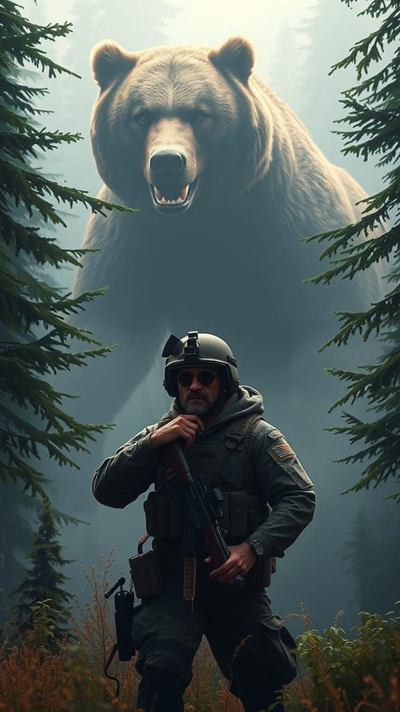 Soldier Faces Grizzly in Forest, Cinematic Matte Painting