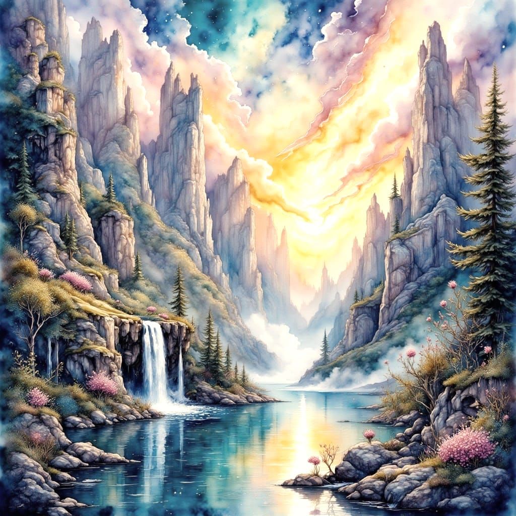 Golden Dawn Over Crystalline Mountains with Aurora Sky