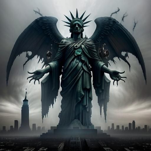 Haunted Statue of Liberty Shadowing a Cursed City
