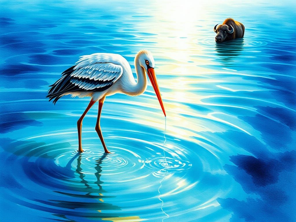 A stork and A water buffalo
