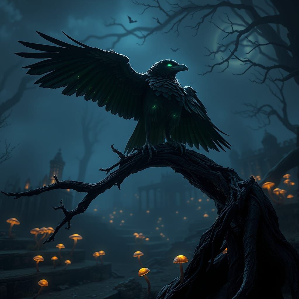 Dark Fantasy Raven Perched on Twisted Tree in Haunted Forest