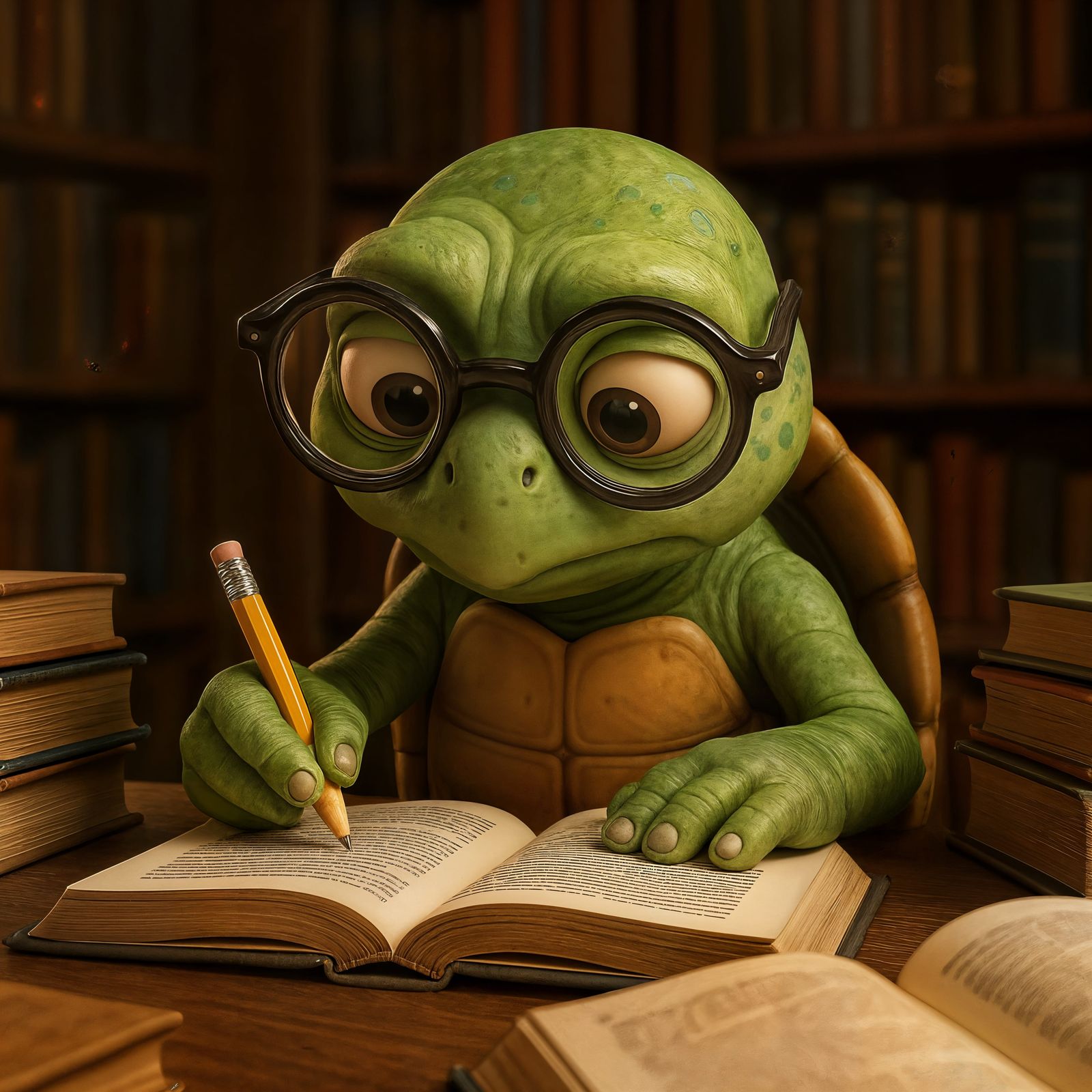 Cartoon Nerd Turtle Doing Homework in Library