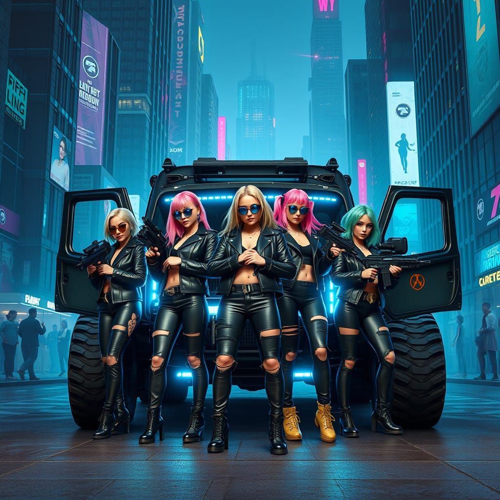 Cyberpunk Girls in High-Tech Squad Vehicle