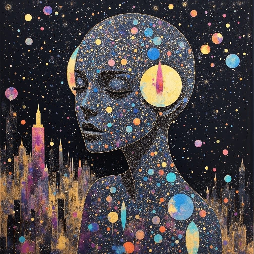 Iridescent Dreamscape: Mystical Figure in Retro-Futuristic S...