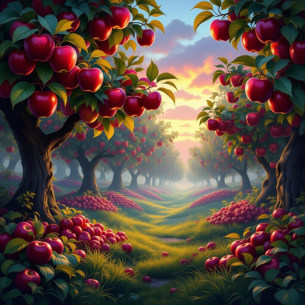 Enchanted Orchard With Luminous Jewel Apples in Fog