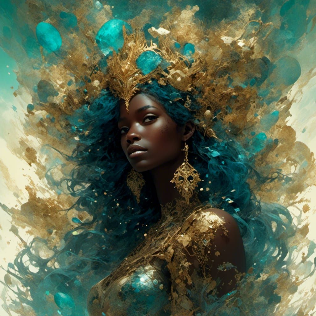 African Mermaid Queen with Wild Hair in Digital Art