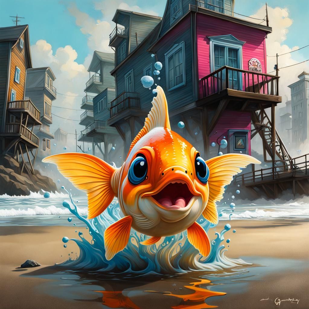 Goldfish on Foggy Beach in Graffiti Art Style