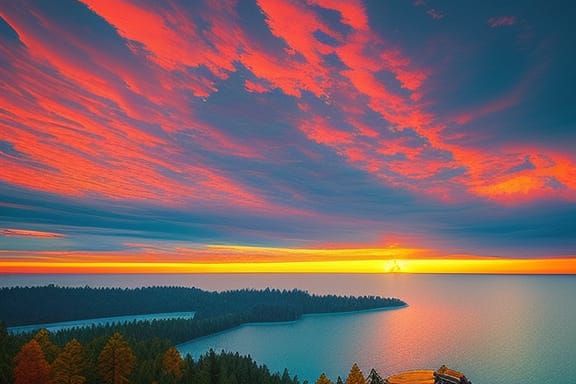 Red Sunset Lake: Digital Illustration Masterpiece