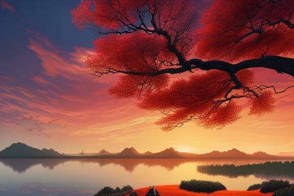 Red Sunset Lake: Hyperdetailed Digital Illustration