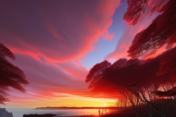 Red Sunset Over Lake: Hyperdetailed Digital Illustration