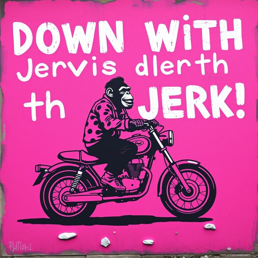Banksy Style Street Art: Chimp Rider in Black & Magenta