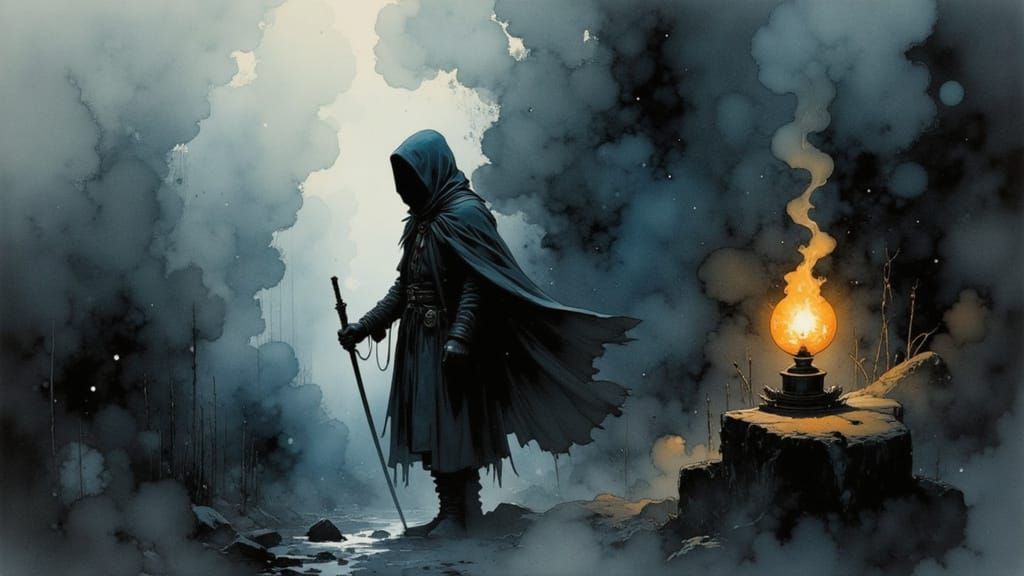 <lora:Nivis:1.0> fantasy scene :: A shadowy woman cloaked in torn, smoke-like fabric that merges with the darkness aroun...