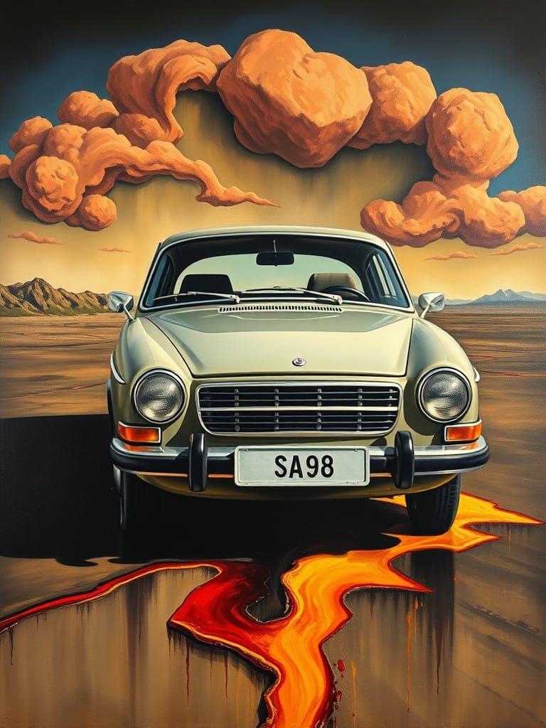 Surrealist Saab 991 Melts in Dreamlike Oil Painting