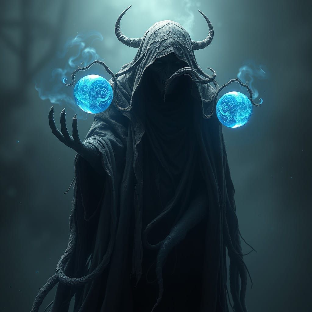 Ethereal Dark Fantasy Creature with Glowing Blue Orbs