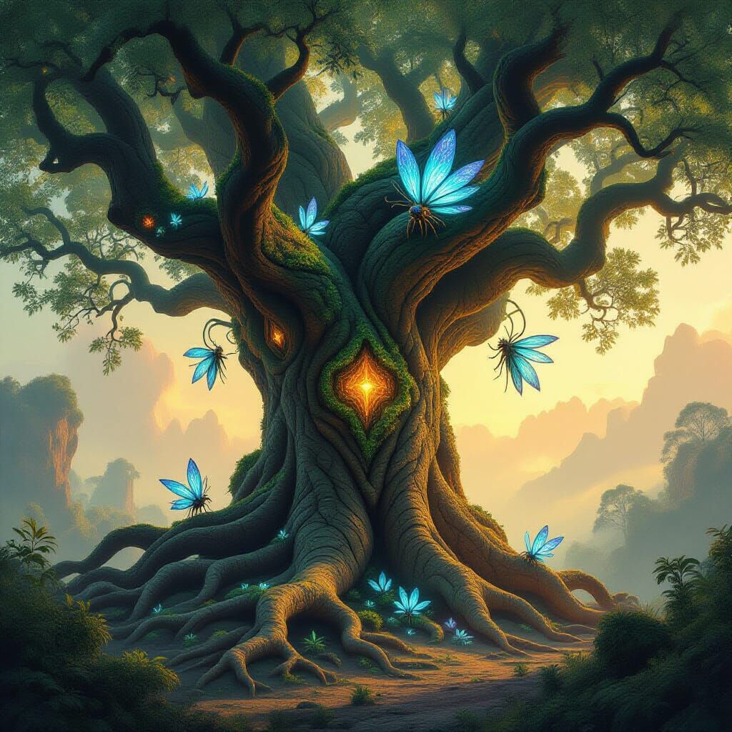 Ancient Nebula Tree with Glowing Patterns and Alien Flora