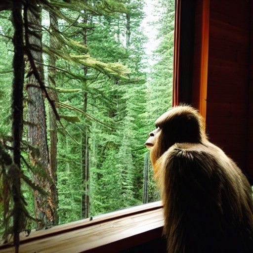 Sasquatch looking through the window in a secluded forest cabin