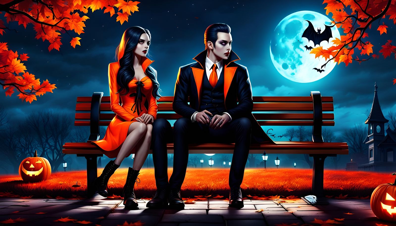 Vampire and Girl Under Orange Halloween Moon