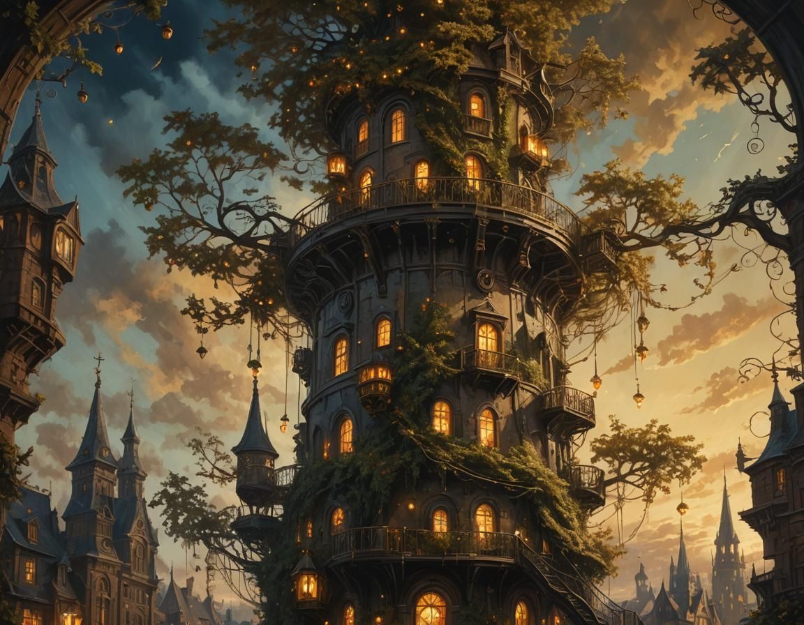 Steampunk Tower Engulfing Holly Tree: Oil Painting