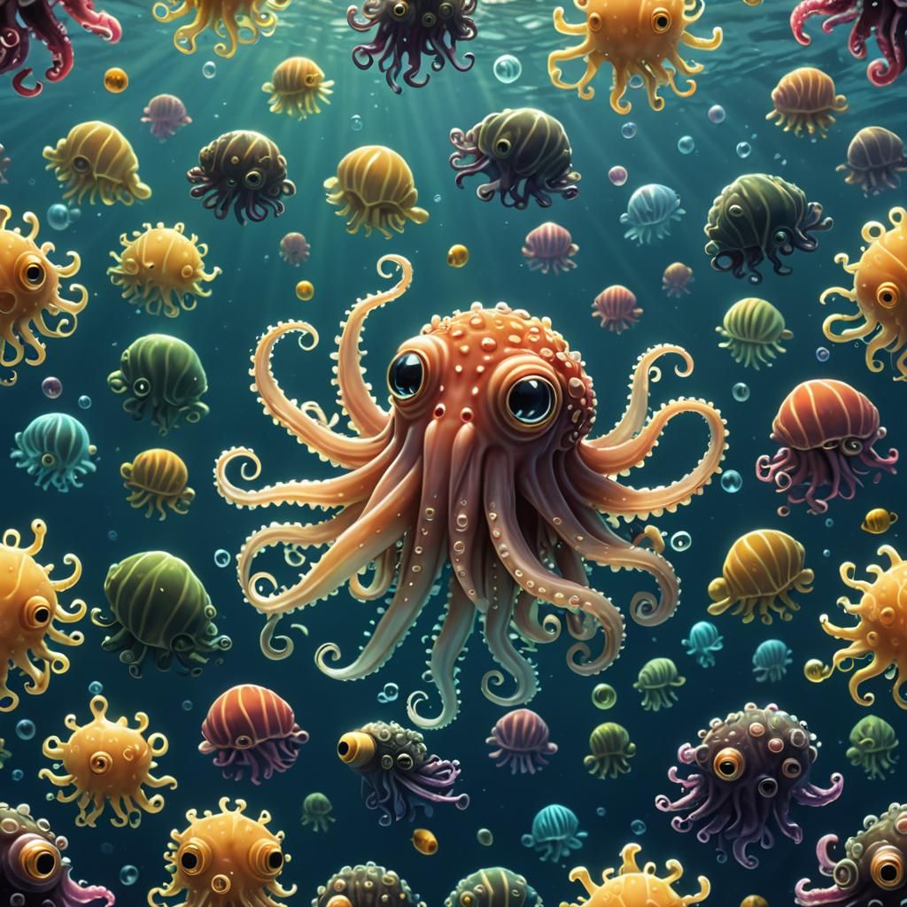 Adorable Cthulhu Cartoon in a Colorful Reef
