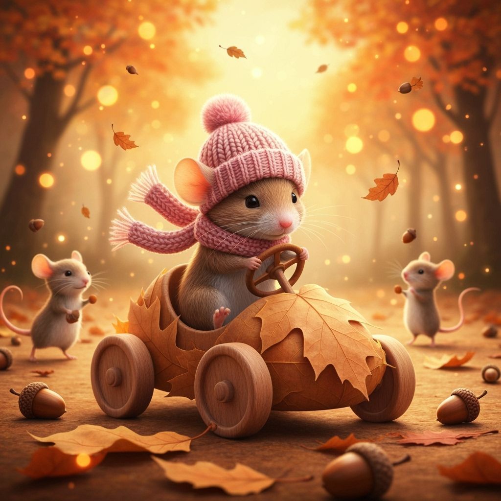 Adorable Mouse in Leaf Car, Fairytale Autumn Forest