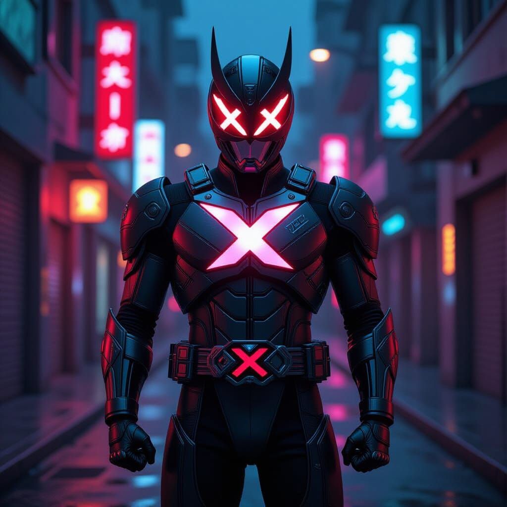 Kamen Rider in Neon Cyberpunk Alleyway