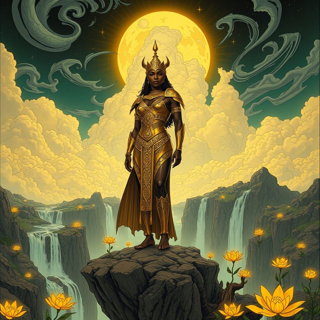 African Queen in Golden Armor on Floating Island