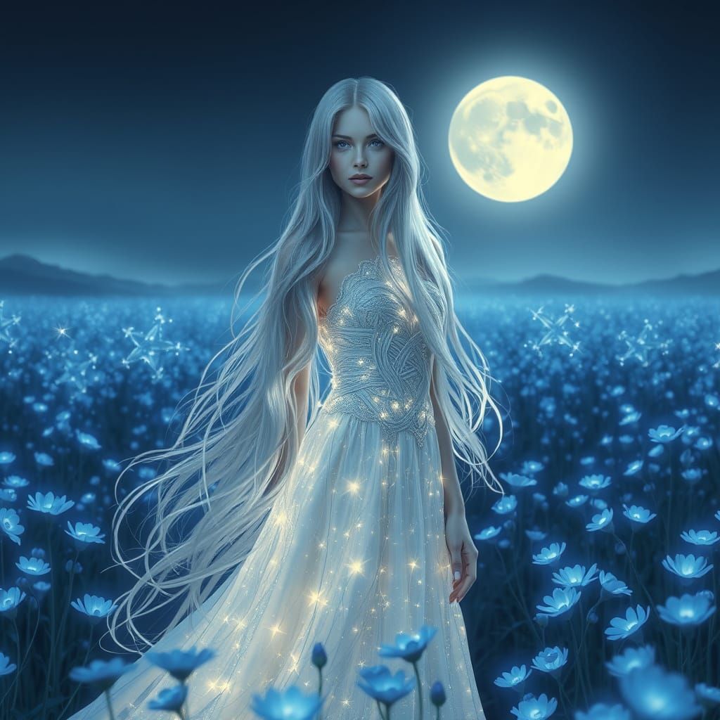 Woman in Starlight Gown in Glowing Flower Field