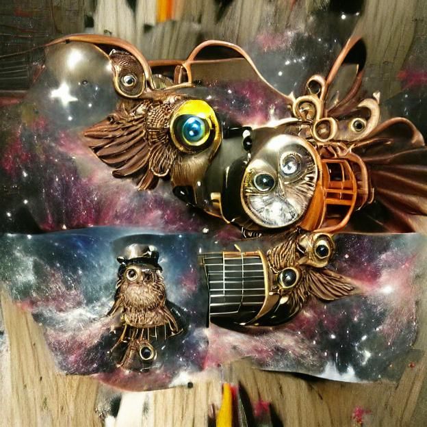 Steampunk Owl Soaring Through Space