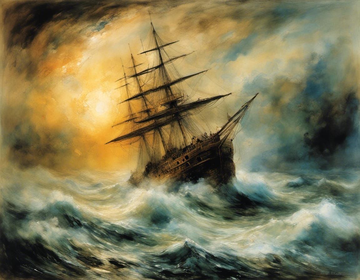 Tempestuous Seas: A 19th Century Mixed Media Ship Painting
