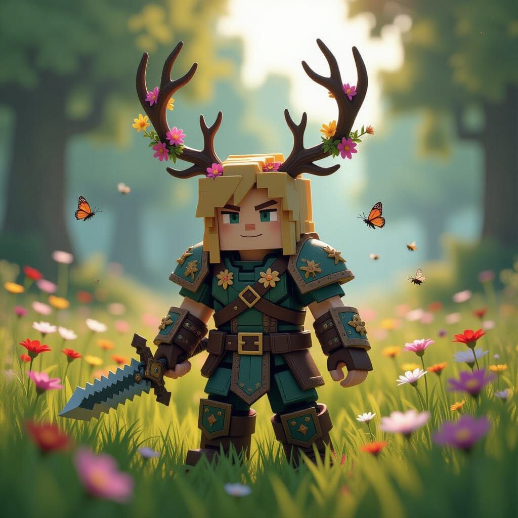 Minecraft Warrior in Wildflower Meadow, Ethereal Fantasy Sty...