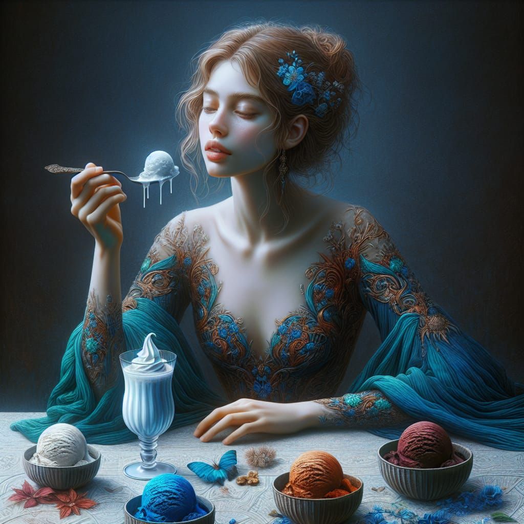 Young Woman in Blue Enjoys Ice Cream, Unreal Engine