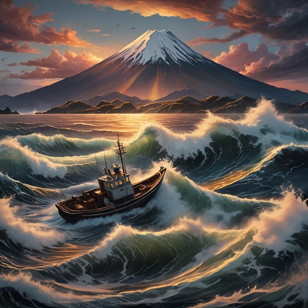 Hyperrealistic Japanese Seascape with Fishing Boat and Majes...