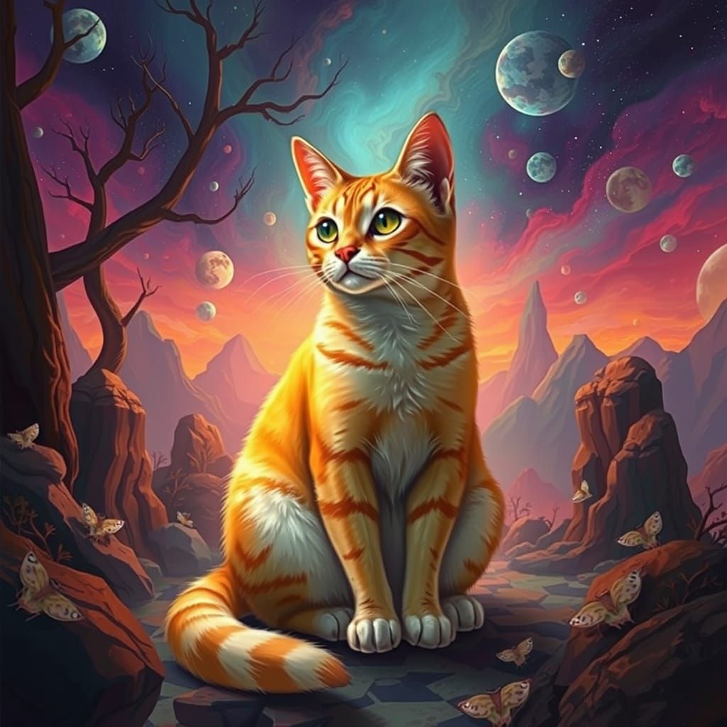 Cat in Mystical Dreamscape with Surreal Color Gradients
