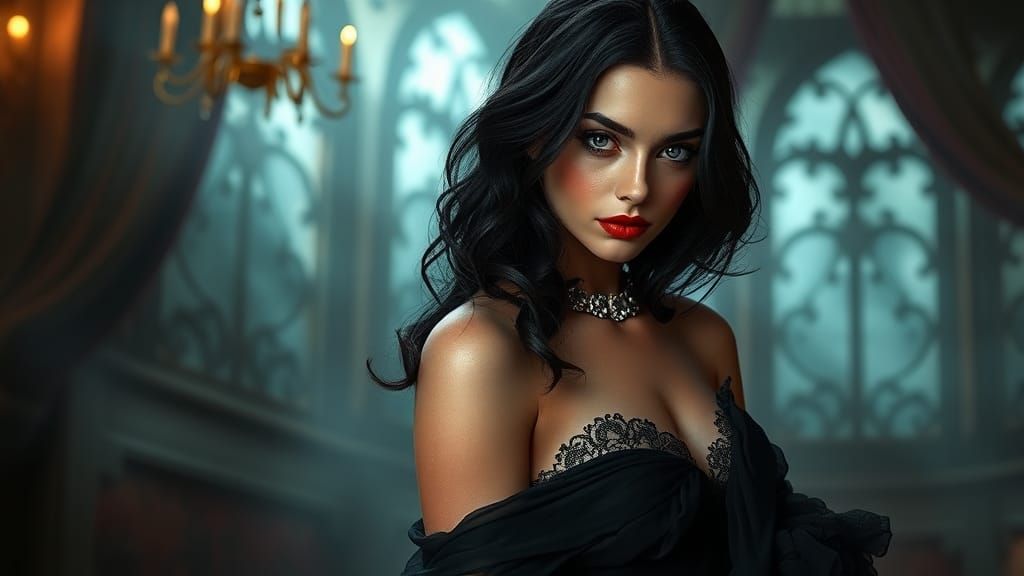 Morticia Addams Portrait in Hyperrealistic Digital Art Style