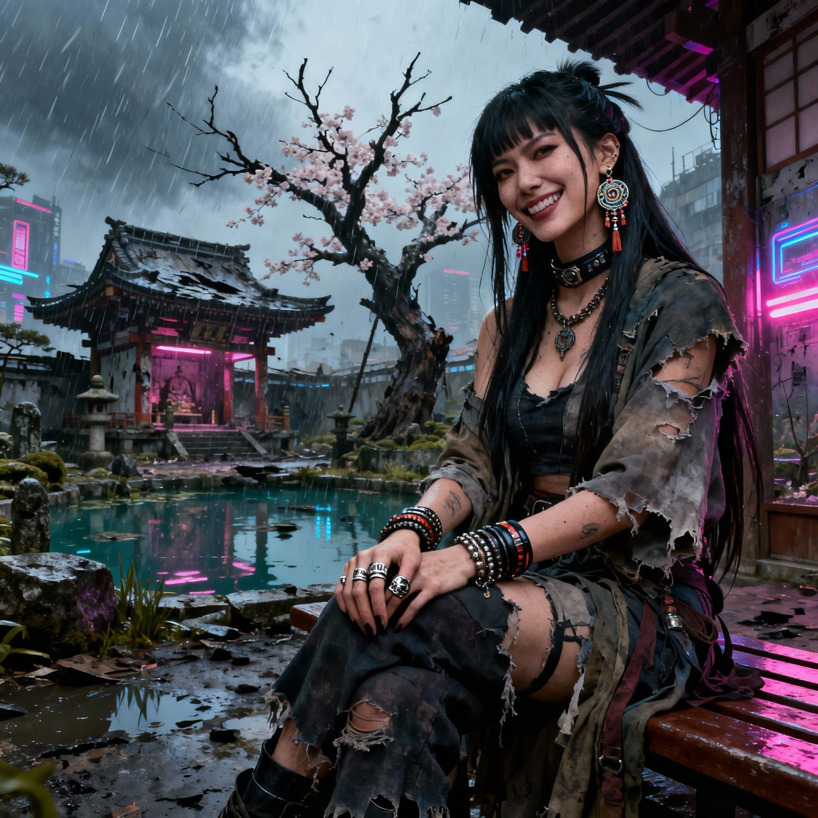 Cyberpunk Woman in Ruined Zen Garden
